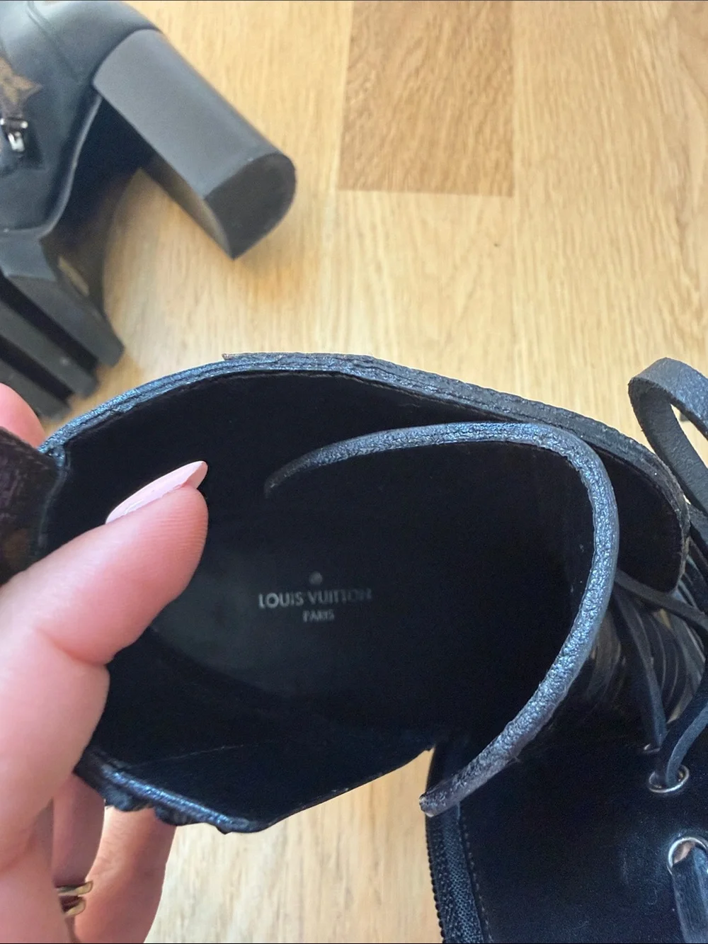Louis Vuitton Black Leather Lace-Up Platform Booties with Monogram Trim
